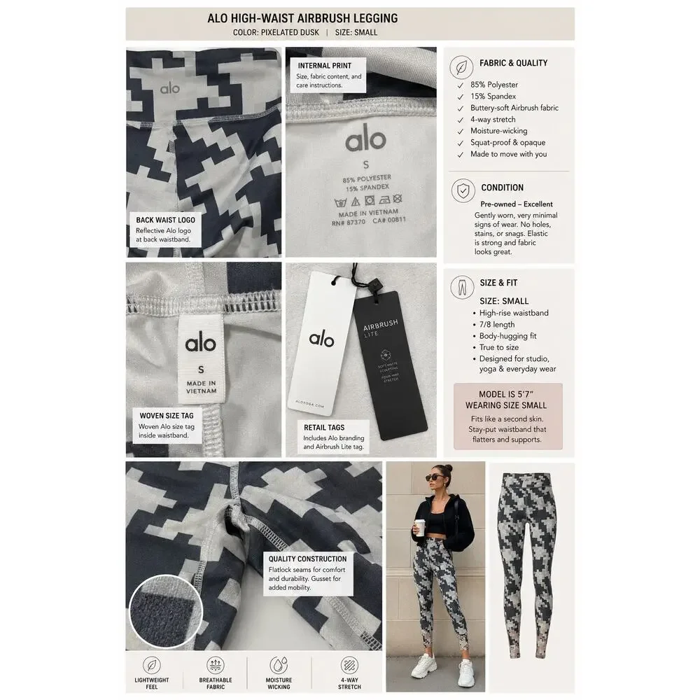 ALO‎ Yoga Airbrush Pixel Leggings Women Small Gray Pink Camo Pilates 29 Inseam